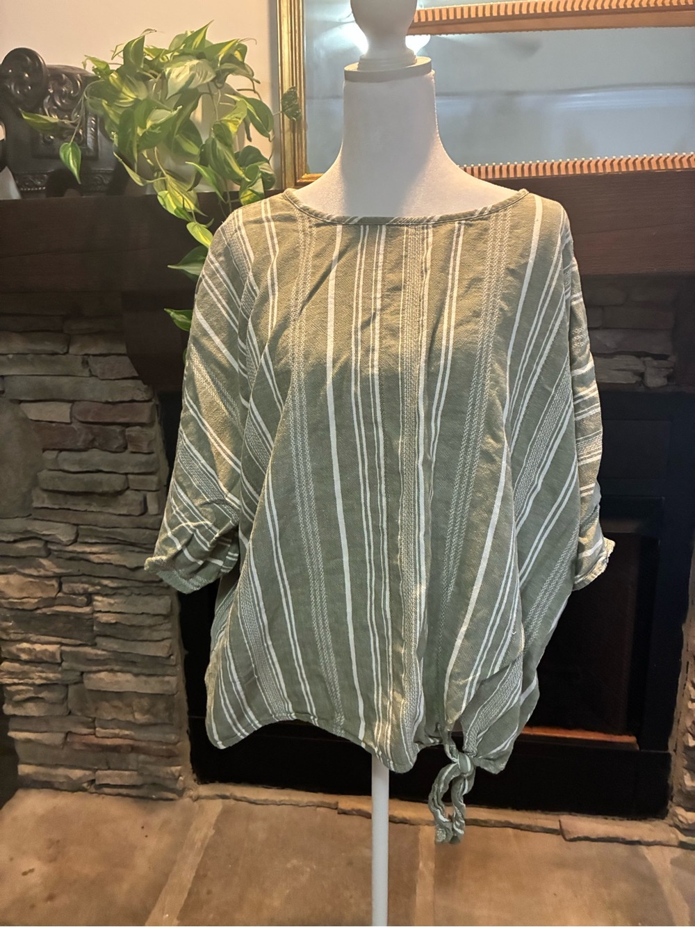 Time and Tru Olive Green and White Striped Tie-Hem Tunic